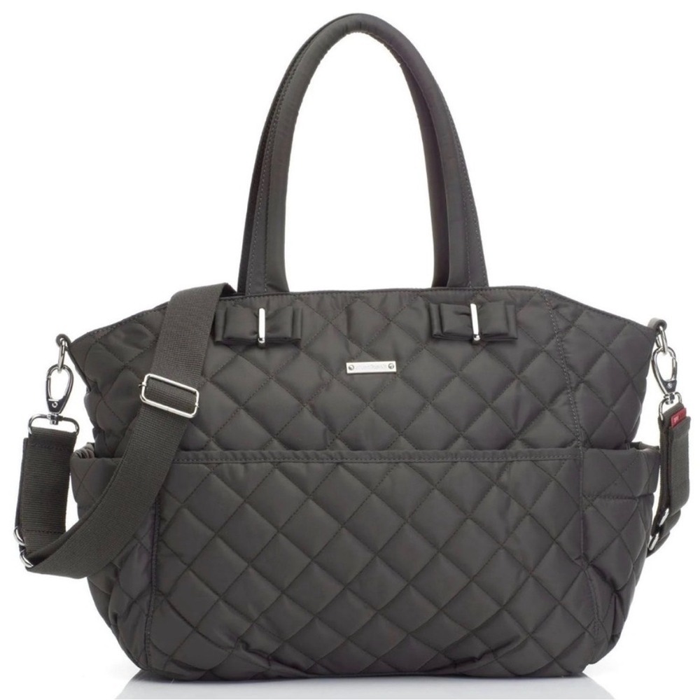 STORKSAK LONDON Diaper Bag Shoulder Tote Black Quilted Large Bow Strap Crossbody